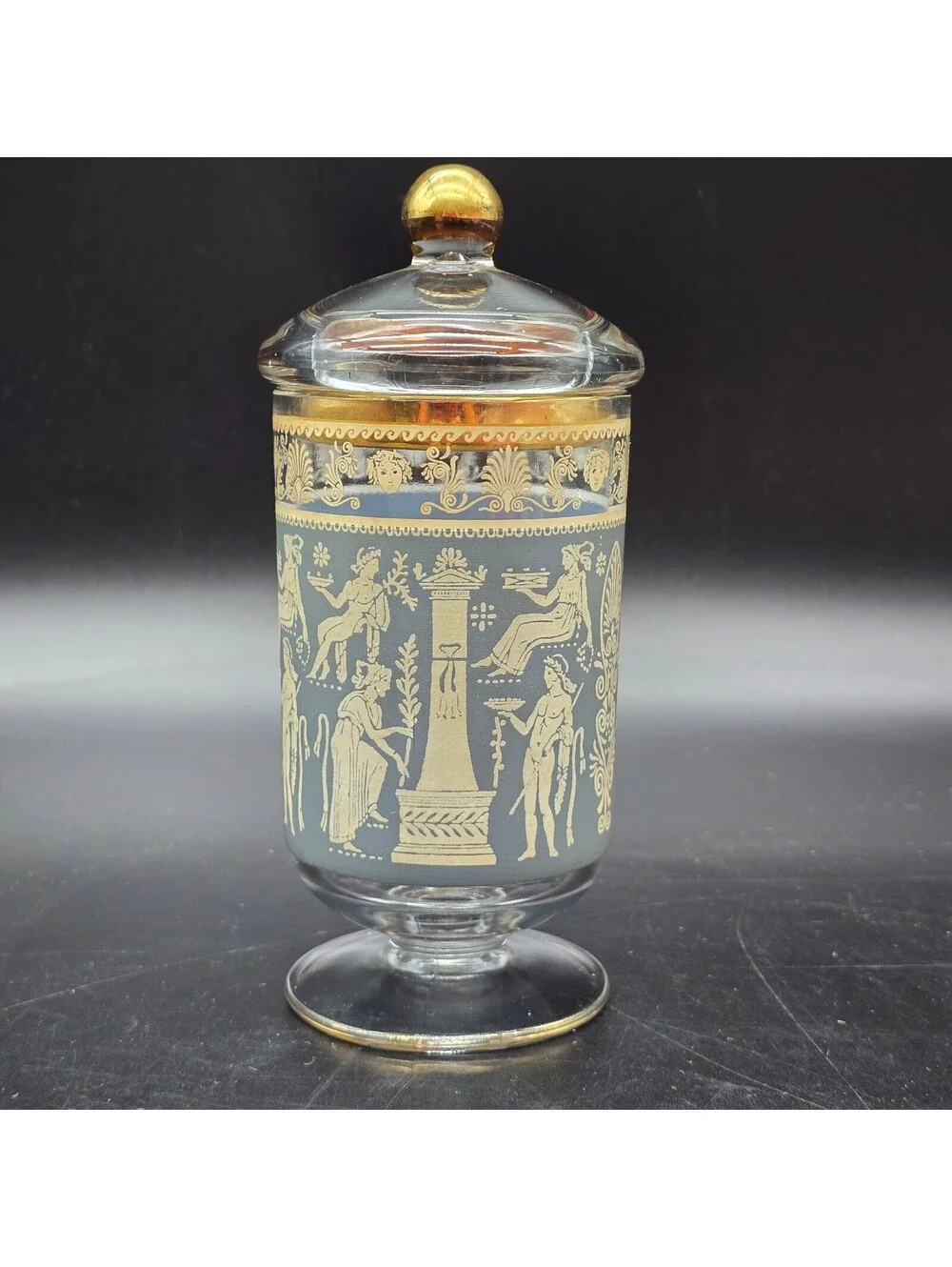 Vintage Jeannette Glass Hellenic Blue Pedestal Candy Jar & Lid - Mid-Century